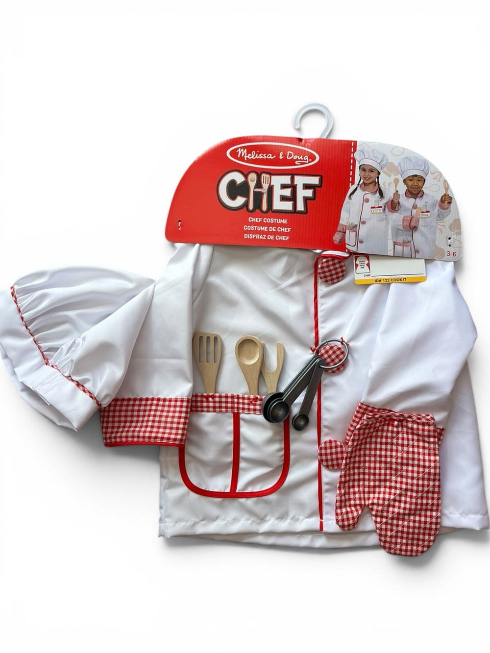Melissa & Doug White Kids Chef Jacket with Red Gingham Trim